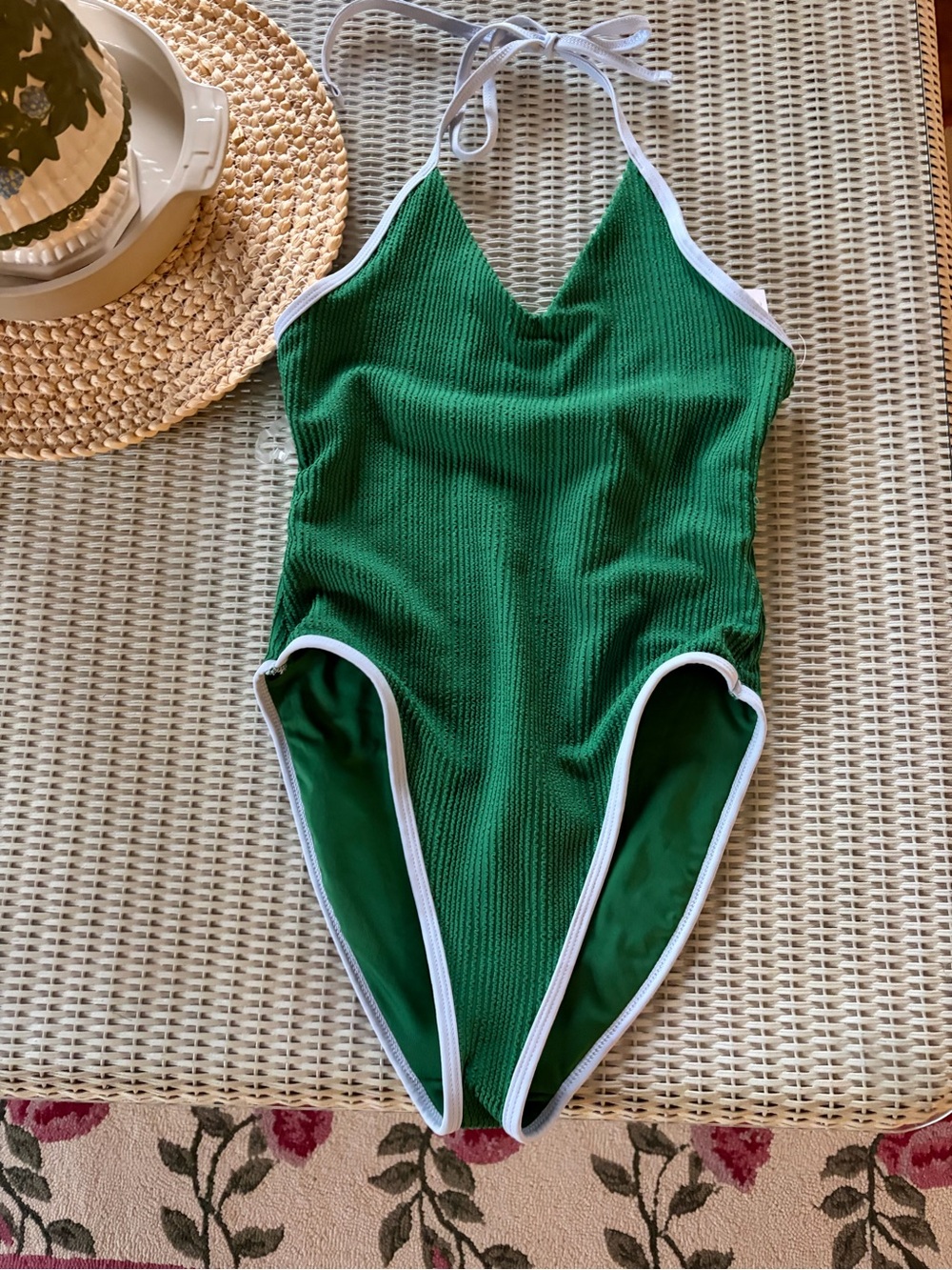 Old Navy Green Ribbed Halter One-Piece Swimsuit with White Trim